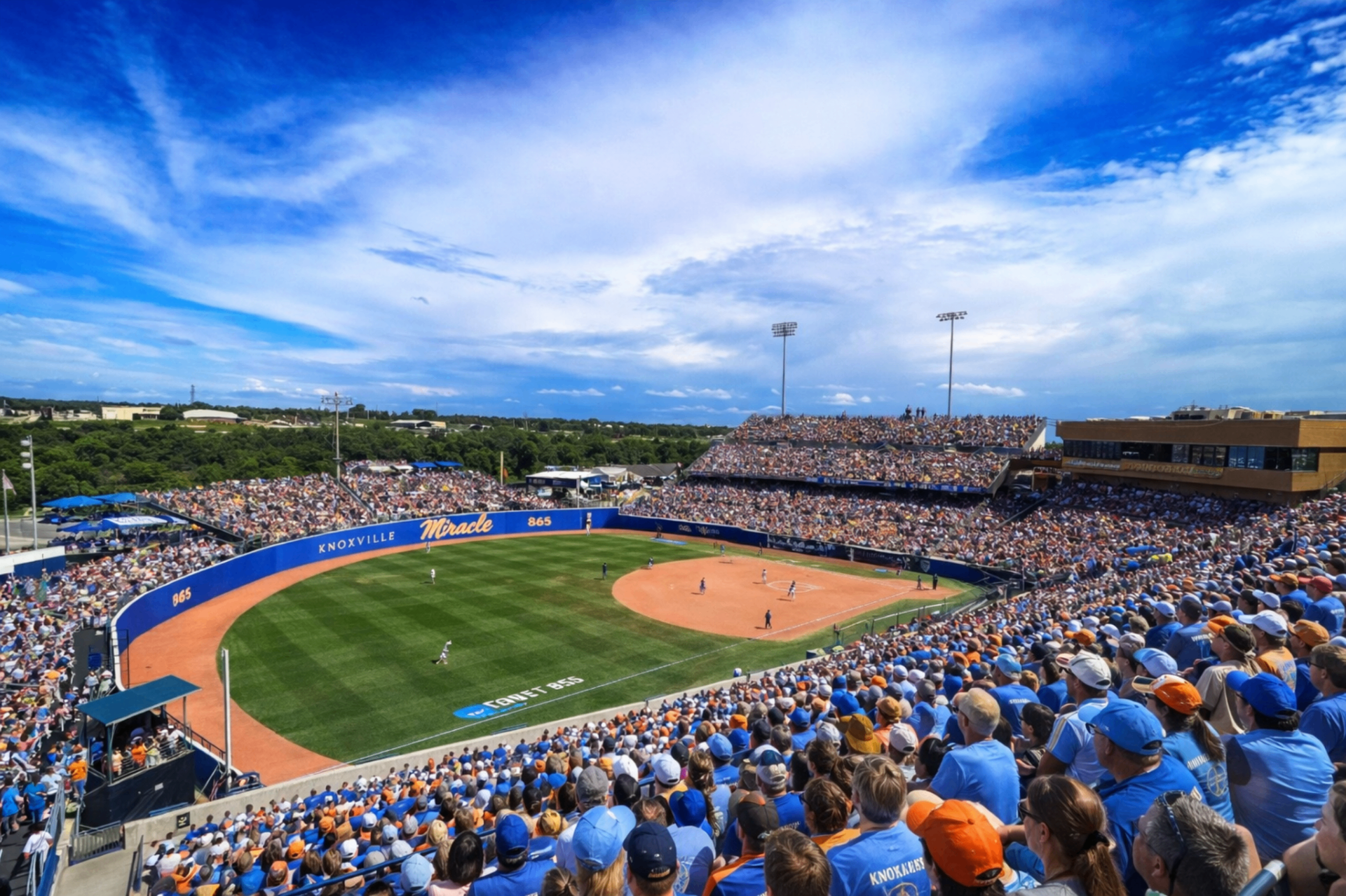 Crowds filling a softball stadium around the field under a blue sky